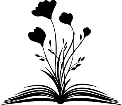 Vector silhouette logo of an open book with flowers growing from its pages, symbolizing knowledge, learning, and natural growth.