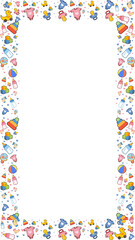 Colorful baby care icons are forming cartoonish flat border with transparent background, copy space
