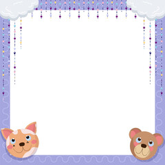 Fototapeta premium Lavender border is showing clouds, hanging stars, hearts, cartoon animal heads, clear background
