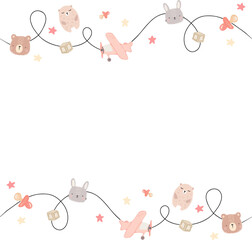 Fototapeta premium Wrapping clear center with pastel baby border featuring looping cord, animals and toys, copy space