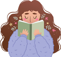 Woman is reading open green book in flat illustration with pastel florals, transparent backdrop