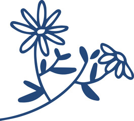 Flat line drawing is showing two daisy flowers on curved stem with leaves on transparent background