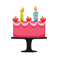 Flat pink cake is resting on black stand with three cherries, lit candles on transparent backdrop