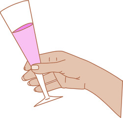 Stylized illustration is showing right hand holding pink champagne flute on transparent background