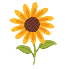 Hand-drawn flat sunflower is floating on transparent backdrop with brown center and yellow petals