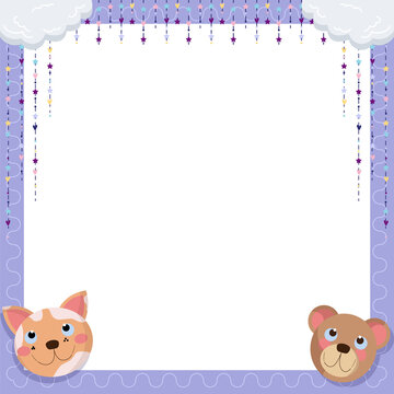 Naklejki Lavender border is showing clouds, hanging stars, hearts, cartoon animal heads, clear background