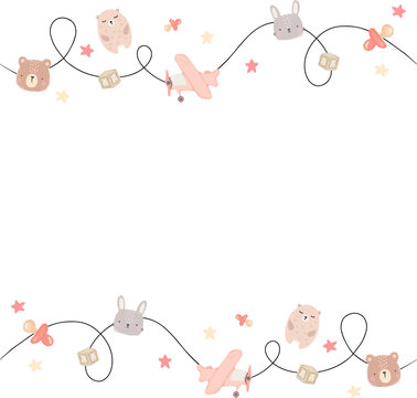 Naklejki Wrapping clear center with pastel baby border featuring looping cord, animals and toys, copy space