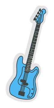 Flat design bass guitar is featuring blue body, black pickups and strings on transparent background