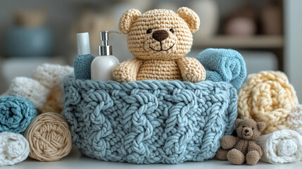 Knitted basket, teddy bear, towels, soap, yarn, baby room