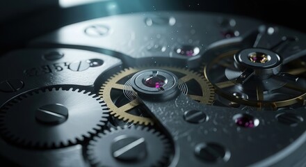 Closeup Metallic Watch Gears with Gold and Silver Details in Dark Background Macro Photography