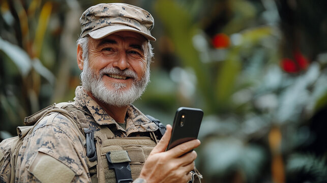 Smiling Senior Soldier Using Phone in Jungle