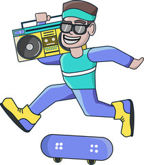 Cartoon man is jumping on skateboard carrying retro boombox in flat design, transparent background