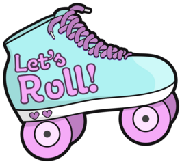 Pastel roller skate is pointing right on clear background in flat design showing wheels text hearts