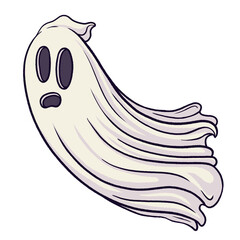 Flat cartoon ghost is floating with purple outline and surprised face on transparent background
