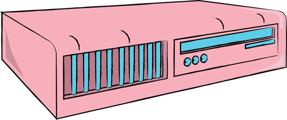 Flat pink server unit is showing grille, display and buttons on transparent background, copy space