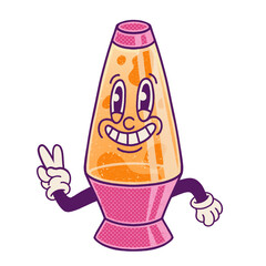 Cartoonish lava lamp is waving peace sign on transparent background, with pink base and amber blobs