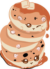 Cartoon-faced pancake stack is dripping syrup showing butter pats chips on transparent background
