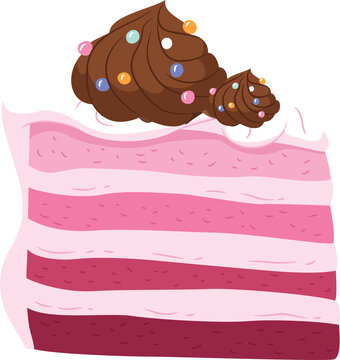Naklejki Flat cake slice illustration is showing frosting, choco swirls, sprinkles on transparent background