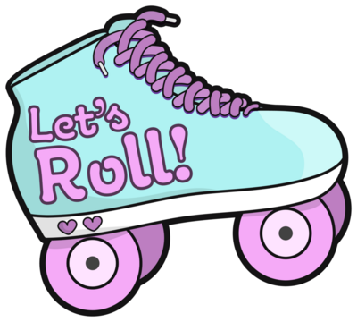 Pastel roller skate is pointing right on clear background in flat design showing wheels text hearts