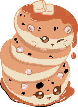 Naklejki Cartoon-faced pancake stack is dripping syrup showing butter pats chips on transparent background