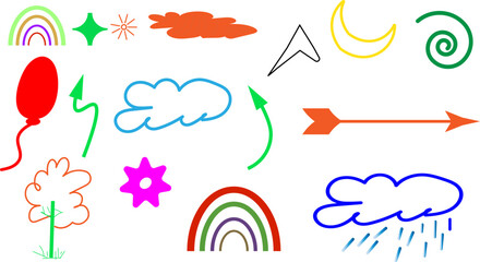 Obraz premium crayon child pencil style icon set, rainbow, heart, crown, flower a Chalk texture, sketch figure for play or school design, colorful kid doodle style.