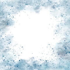 Delicate blue and gray clouds with splashes. Hand drawn digital watercolor illustration. Text square frame template with space theme
