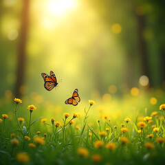 Two monarch butterflies over a sunny meadow