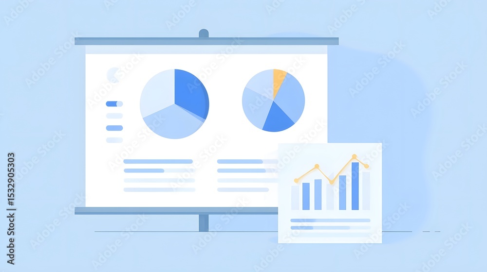 Poster presentation scene with pie charts and email open rate stats projected on a screen