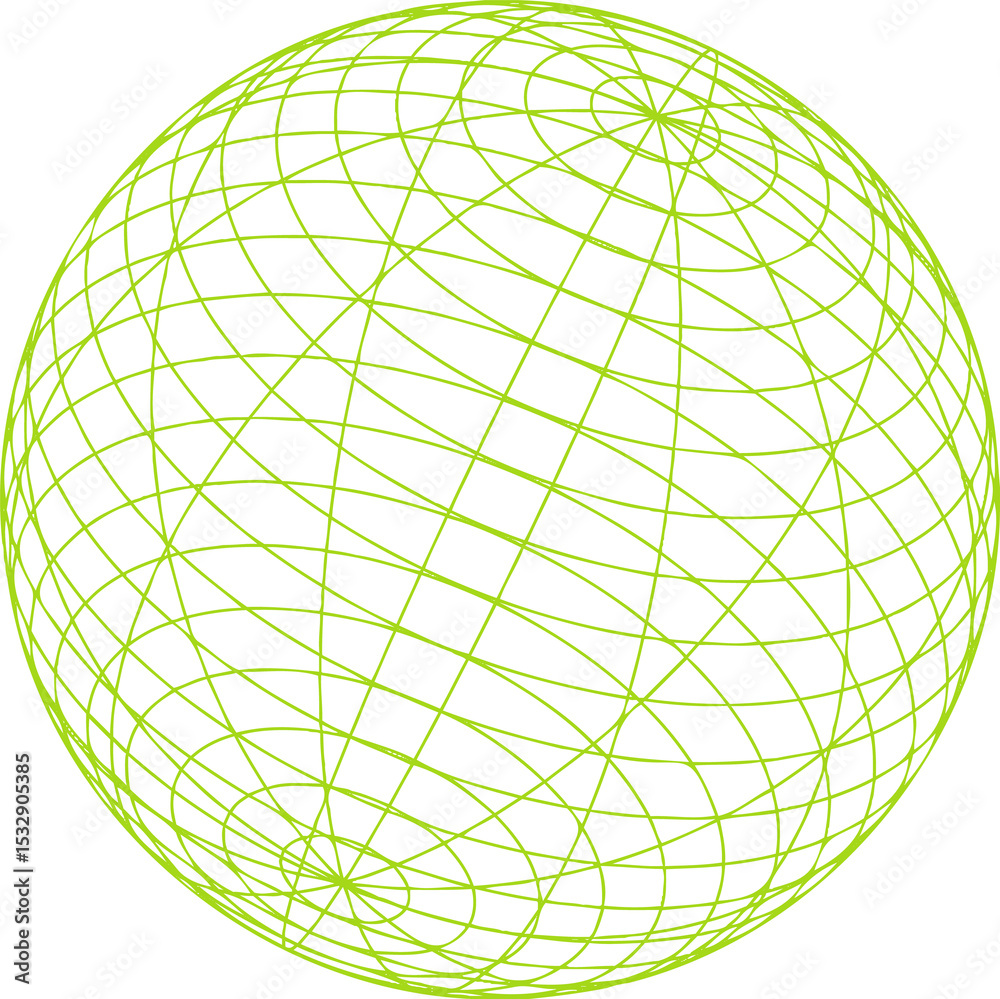 Poster wireframe sphere is floating on transparent background with lime green grid lines and polar points