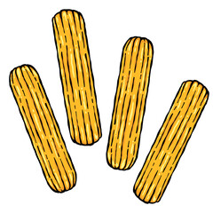 Four ridged churro sticks are floating in flat cartoon design on transparent background, copy space