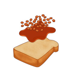 Baked beans are pouring over bread slice in flat design with thick sauce on transparent background