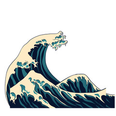 Stylized ocean wave is cresting in flat design, with frothy foam patterns on transparent background