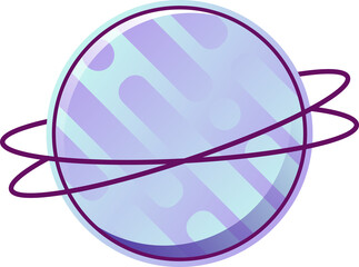 Flat vector ringed planet is floating on clear background with purple gradient bands and rings