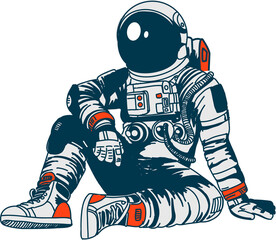 Flat design astronaut is sitting on clear background showing dark visor helmet hoses and controls