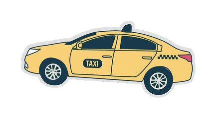 Fototapeta premium Yellow taxi sedan is driving in flat style, checker stripe, tinted windows, transparent background