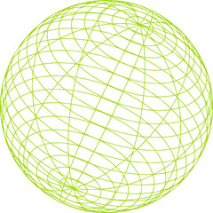 Wireframe sphere is floating on transparent background with lime green grid lines and polar points