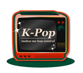 Flat design retro TV showing cream K-Pop text and tuning knob with sparkles, transparent background