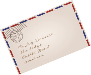 Vintage airmail envelope is angling on clear backdrop showing striped border stamp and cursive text
