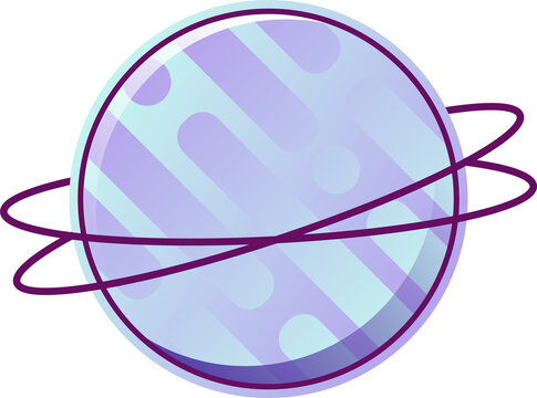 Naklejki Flat vector ringed planet is floating on clear background with purple gradient bands and rings
