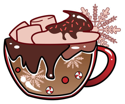 Naklejki Flat design cocoa mug is dripping glaze over marshmallows and red sprinkles, transparent background