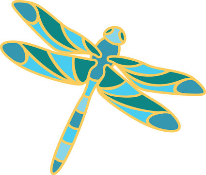 Stylized dragonfly is floating on transparent background with bold outlines and geometric wings