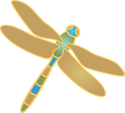 Vector-style flat dragonfly is hovering on transparent background, featuring gold-outlined wings