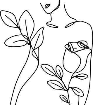Fototapeta One line drawing is showing female bust entwined by rose stems and leaves on transparent background