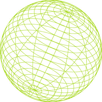 Wireframe sphere is floating on transparent background with lime green grid lines and polar points