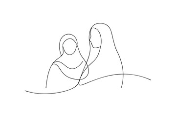 Two women in hijabs line-art minimalist drawing