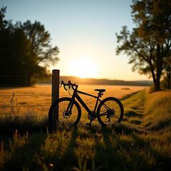Obraz premium Sunrise silhouette of a road bike by a fence