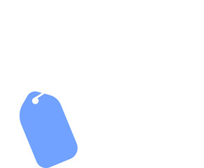 Bright blue price tag is hanging by white cord on transparent background, flat design, copy space