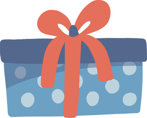 Flat illustration is showing dotted gift box with large coral-red ribbon on transparent background