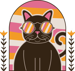 Flat cat is wearing round shades sitting under striped arch with flowers on clear background