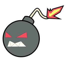 Stylized cartoon bomb is showing angry face with lit fuse and spark on transparent background